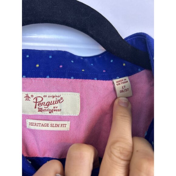 Penguin Heritage Slim Fit Shirt Men's Size L Blue Button Up Long Sleeve - Picture 3 of 9